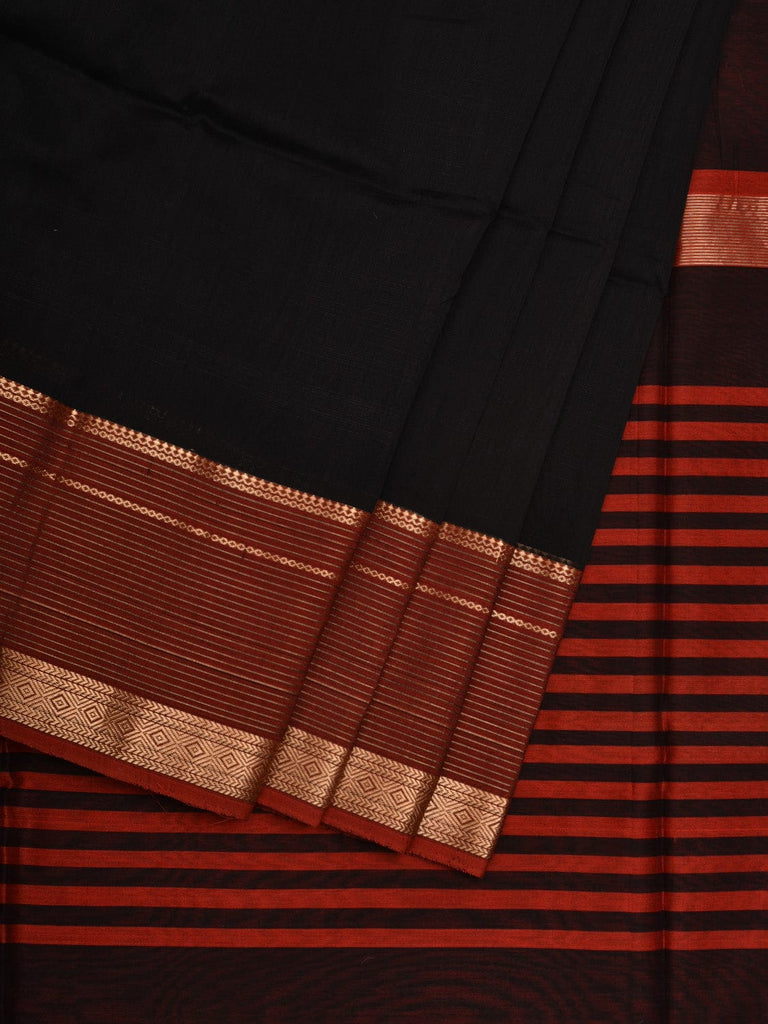 Black Maheshwari Cotton Silk Handloom Saree with Strips Pallu Desgin m0142
