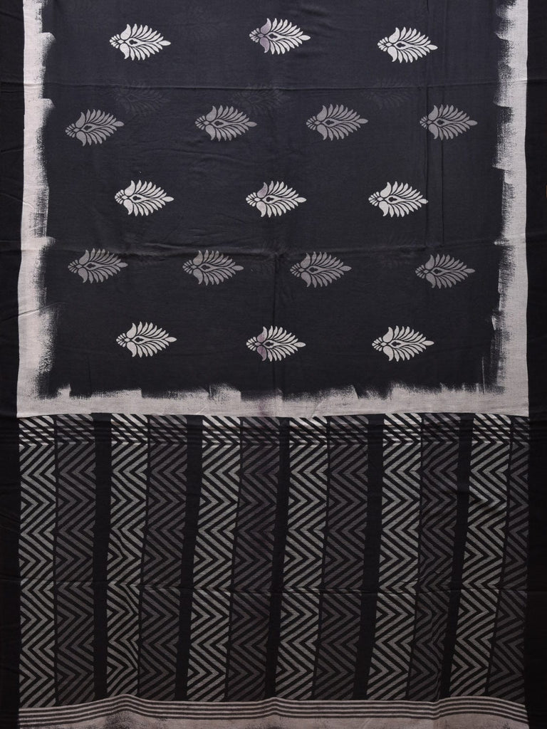 Black Printed Cotton Handloom Saree with Body Buta and Zig-Zag Pallu Design o0308