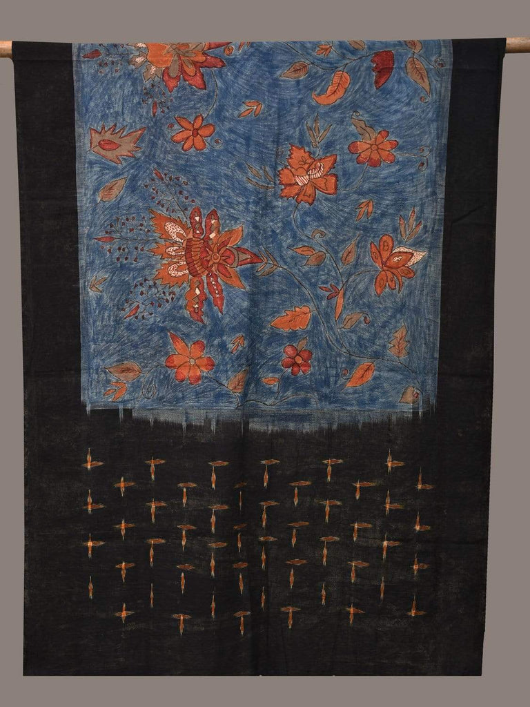 Blue and Black Kalamkari Hand Painted Pochampally Ikat Cotton Handloom Dupatta with Exotic Flowers Design ds2270
