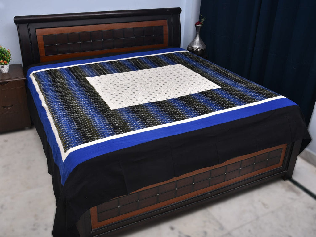 Blue and Black Pochampally Ikat Cotton Handloom Bedsheet with Grill Design 90 x 108 Inches No Pillow Covers bd0064