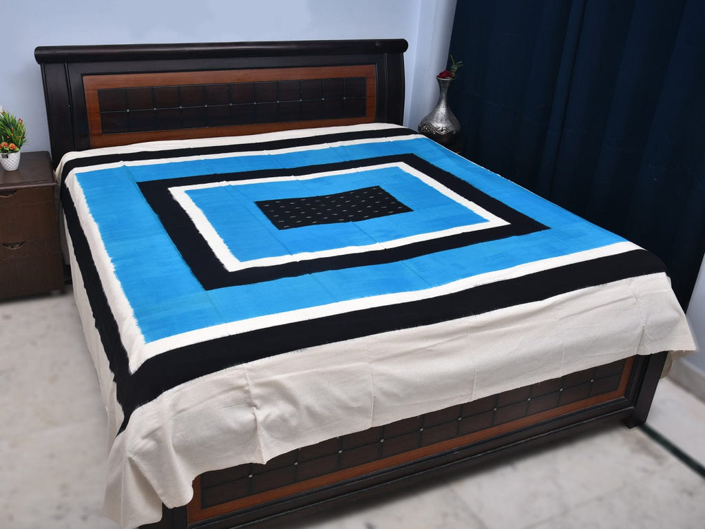 Blue and Black Pochampally Ikat Cotton Handloom Bedsheet with Square Design 90 x 108 Inches No Pillow Covers bd0062