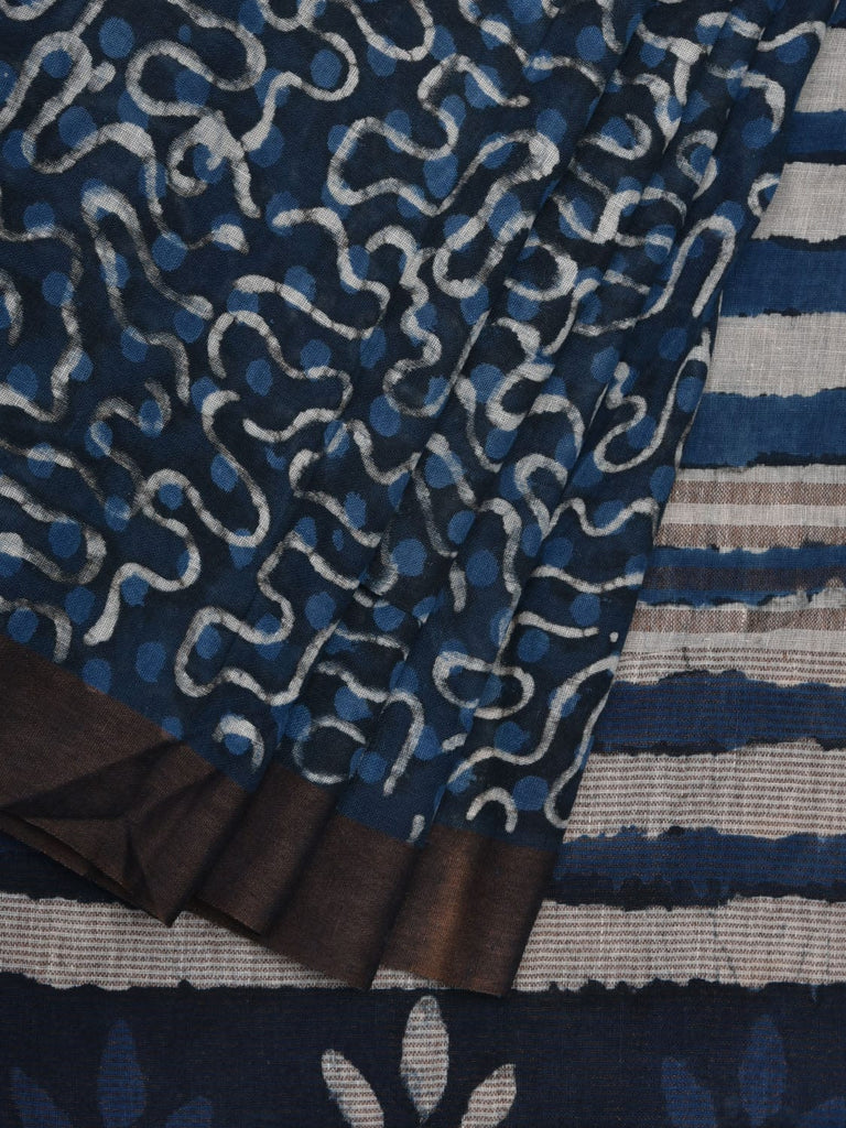 Blue and Black Printed Cotton Handloom Saree with All Over and Strips Pallu Design o0310