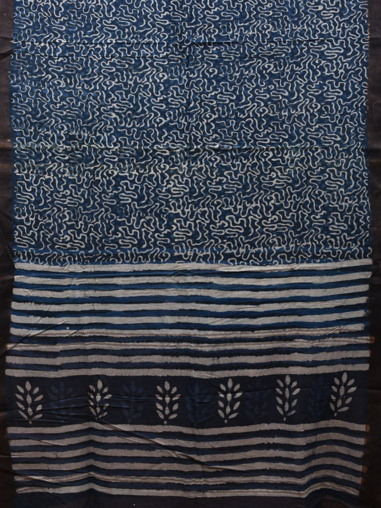 Blue and Black Printed Cotton Handloom Saree with All Over and Strips Pallu Design o0310