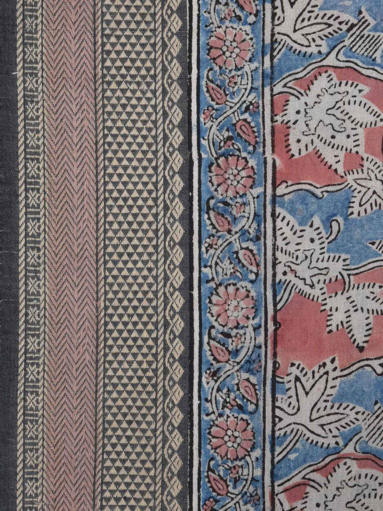 Blue and Red Kalamkari Block Print Khadi Cotton Saree kl0061