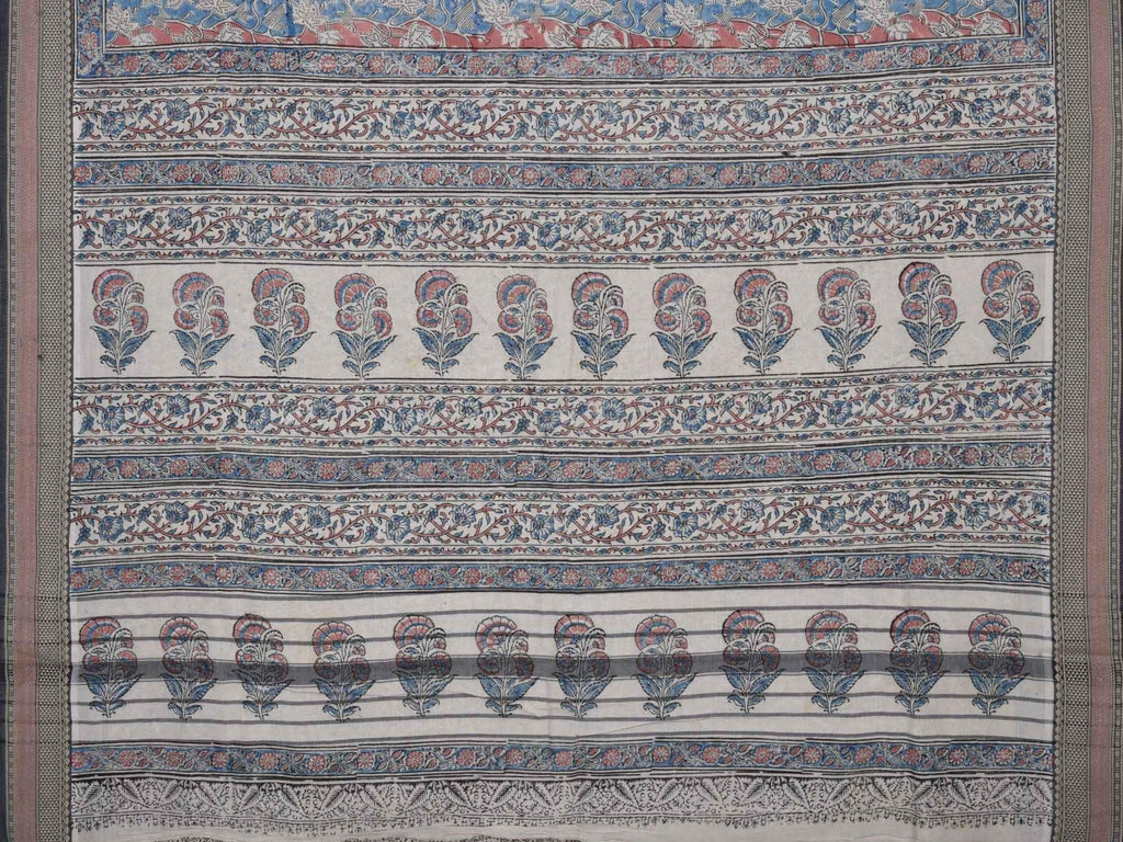 Blue and Red Kalamkari Block Print Khadi Cotton Saree kl0061