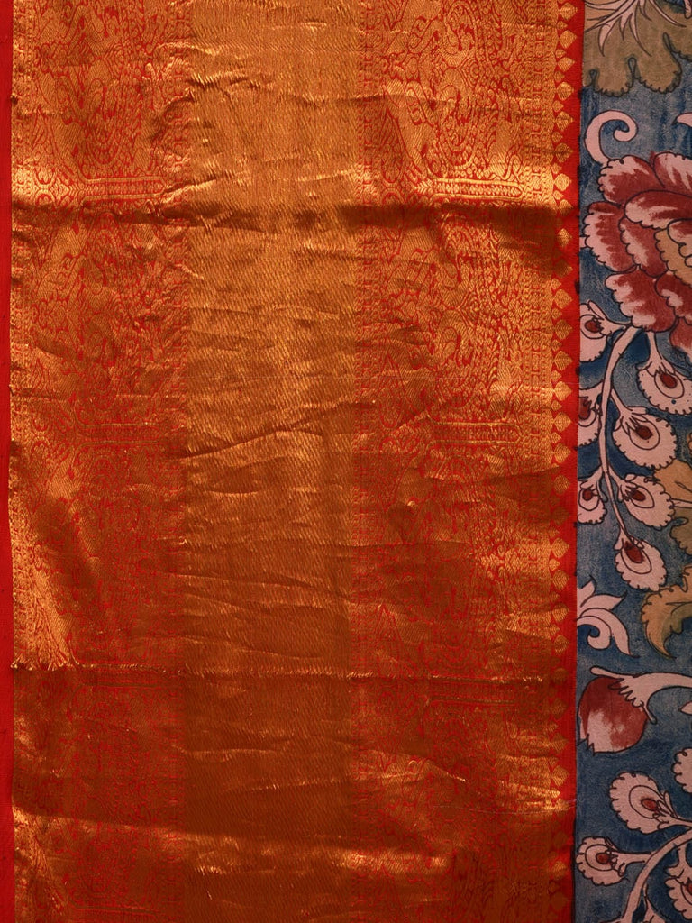 Blue and Red Kalamkari Hand Painted Kanchipuram Silk Handloom Saree with Lotus Flowers Design KL0635