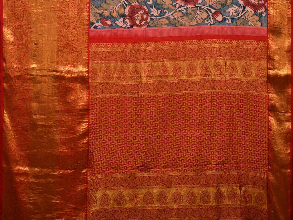 Blue and Red Kalamkari Hand Painted Kanchipuram Silk Handloom Saree with Lotus Flowers Design KL0635