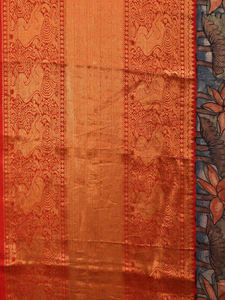 Blue and Red Kalamkari Hand Painted Kanchipuram Silk Handloom Saree with Lotus Flowers Design KL0703