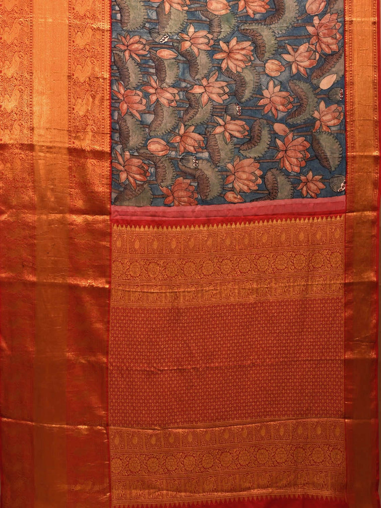 Blue and Red Kalamkari Hand Painted Kanchipuram Silk Handloom Saree with Lotus Flowers Design KL0703