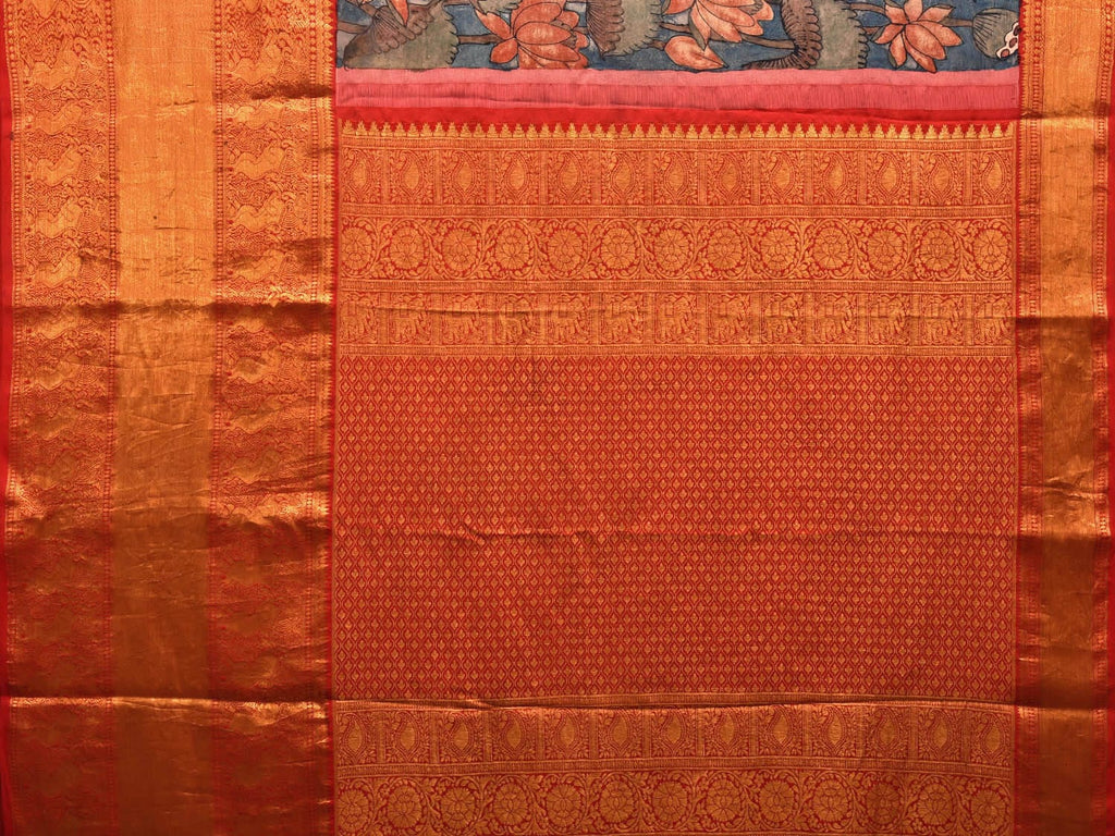 Blue and Red Kalamkari Hand Painted Kanchipuram Silk Handloom Saree with Lotus Flowers Design KL0703