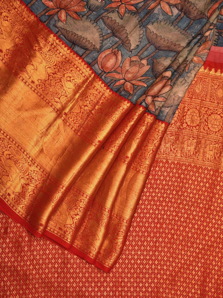 Blue and Red Kalamkari Hand Painted Kanchipuram Silk Handloom Saree with Lotus Flowers Design KL0703