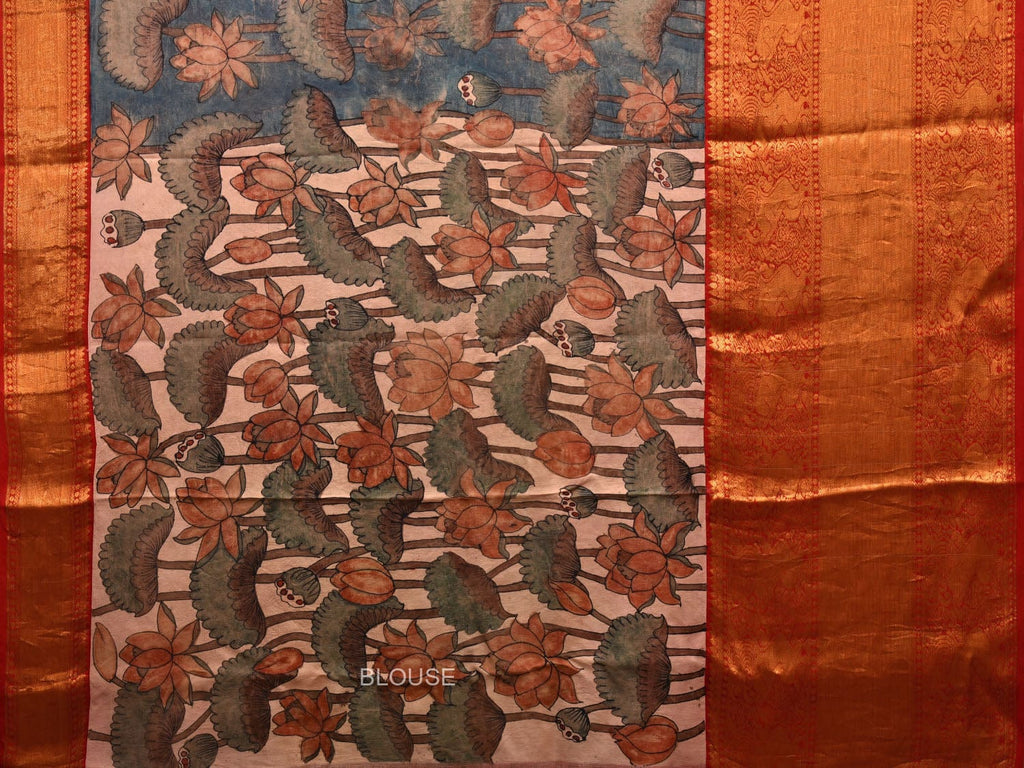 Blue and Red Kalamkari Hand Painted Kanchipuram Silk Handloom Saree with Lotus Flowers Design KL0703