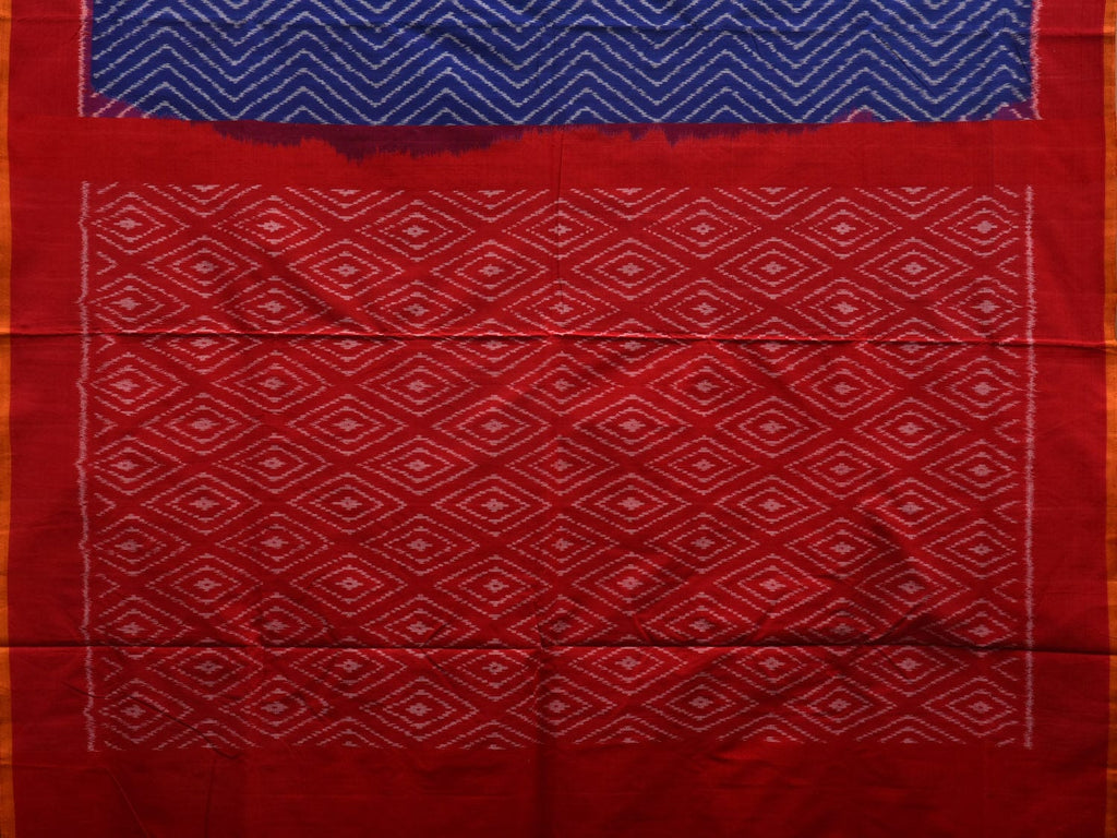 Blue and Red Pochampally Ikat Cotton Handloom Saree with Zig-Zag Design i0658