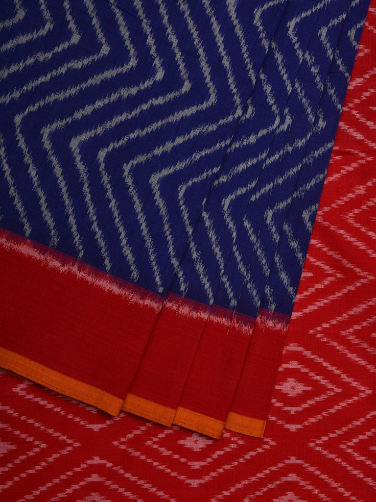 Blue and Red Pochampally Ikat Cotton Handloom Saree with Zig-Zag Design i0658