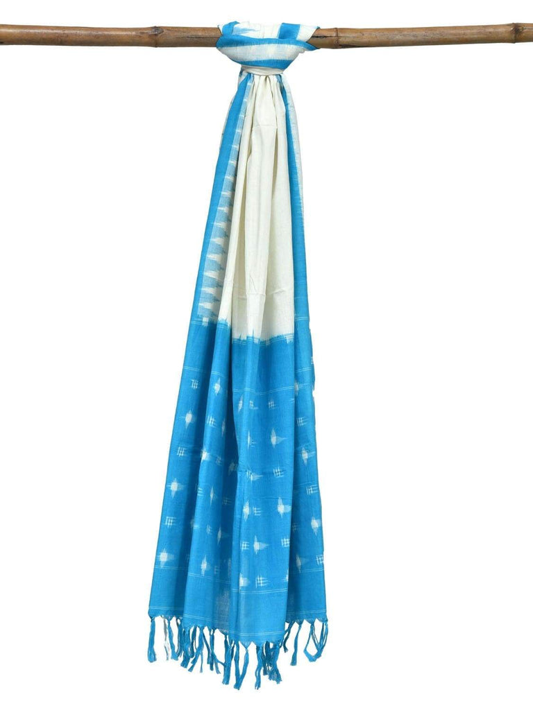 Blue and White Pochampally Ikat Cotton Handloom Dupatta with Temple Border Design ds1827