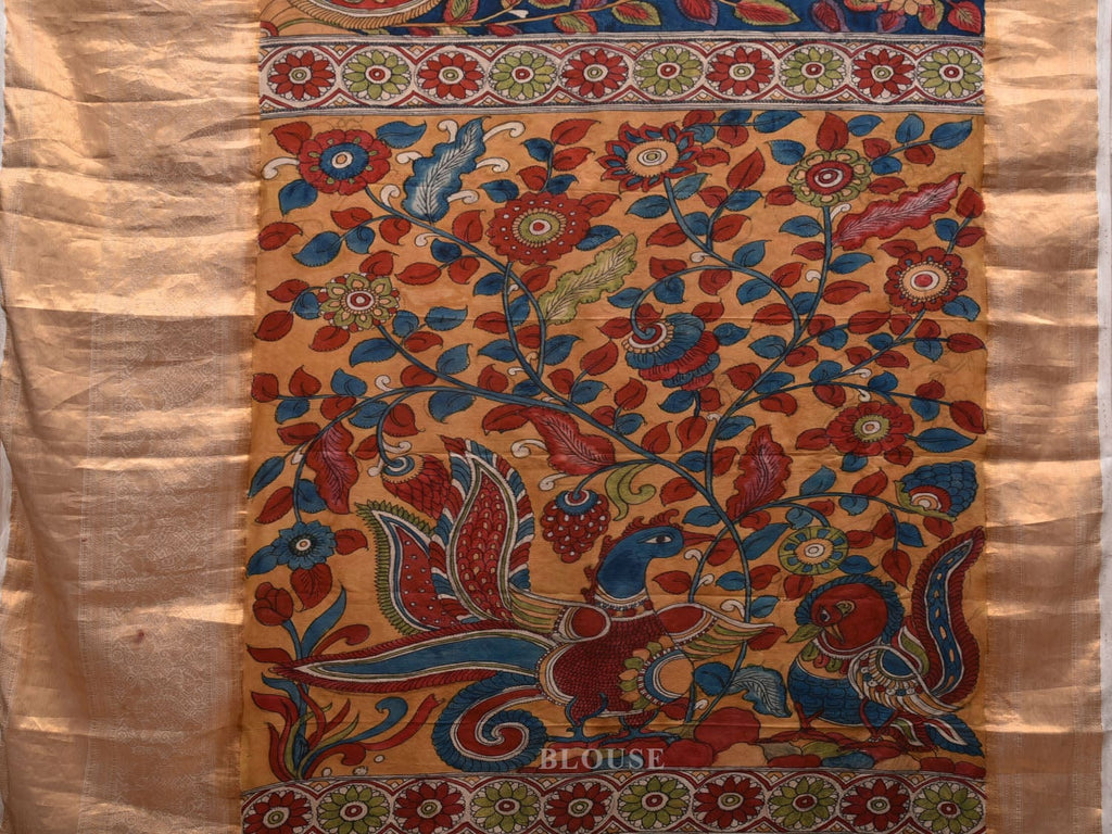 Blue and Yellow Kalamkari Hand Painted Kanchipuram Silk Handloom Saree with Floral and Peacocks Pallu Design KL0642