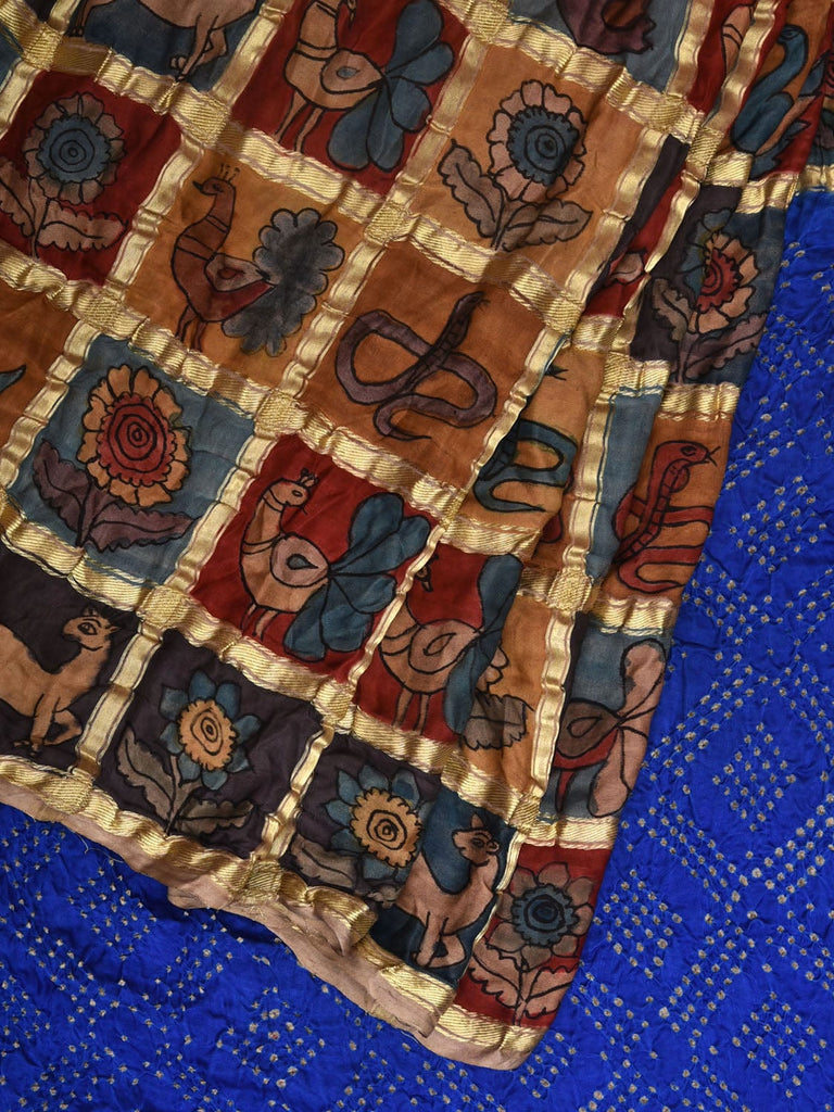Blue Bandhani Kanchipuram Silk Handloom Saree with Kalamkari Hand Painted Body and Checks Design bn0409