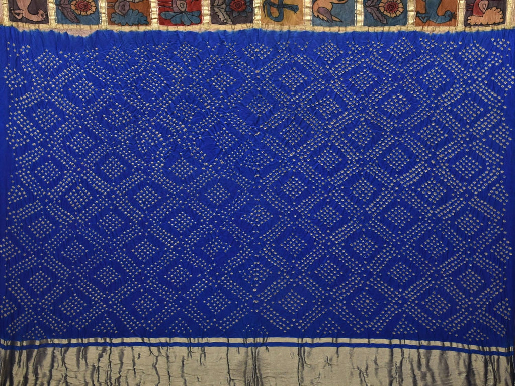 Blue Bandhani Kanchipuram Silk Handloom Saree with Kalamkari Hand Painted Body and Checks Design bn0409