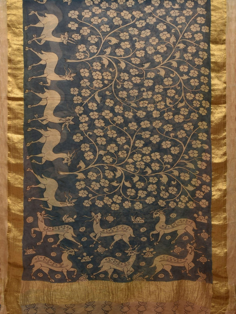 Blue Kalamkari Hand Painted Chiffon Saree with Flowers and Deers Design No Blouse KL0624