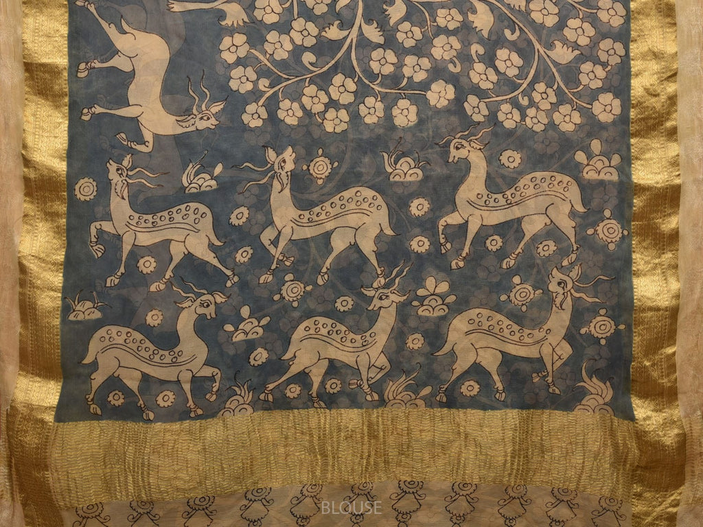 Blue Kalamkari Hand Painted Chiffon Saree with Flowers and Deers Design No Blouse KL0624