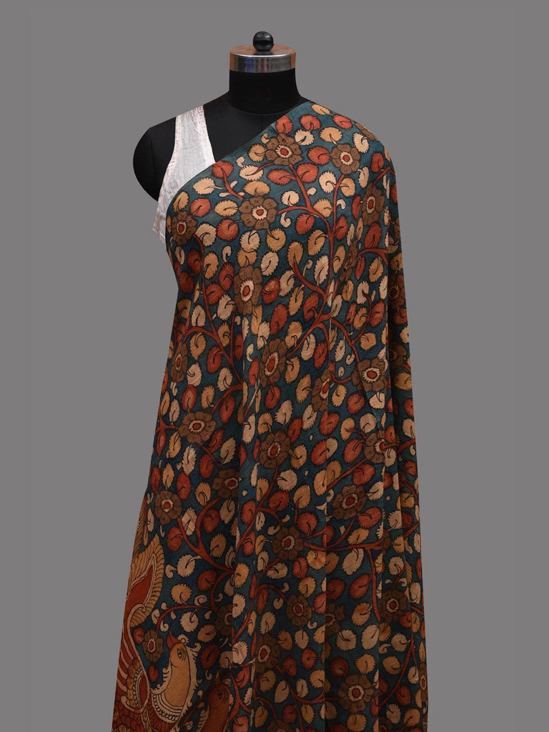 Blue Kalamkari Hand Painted Cotton Handloom Dupatta with Leaves and Peacocks Design ds2609