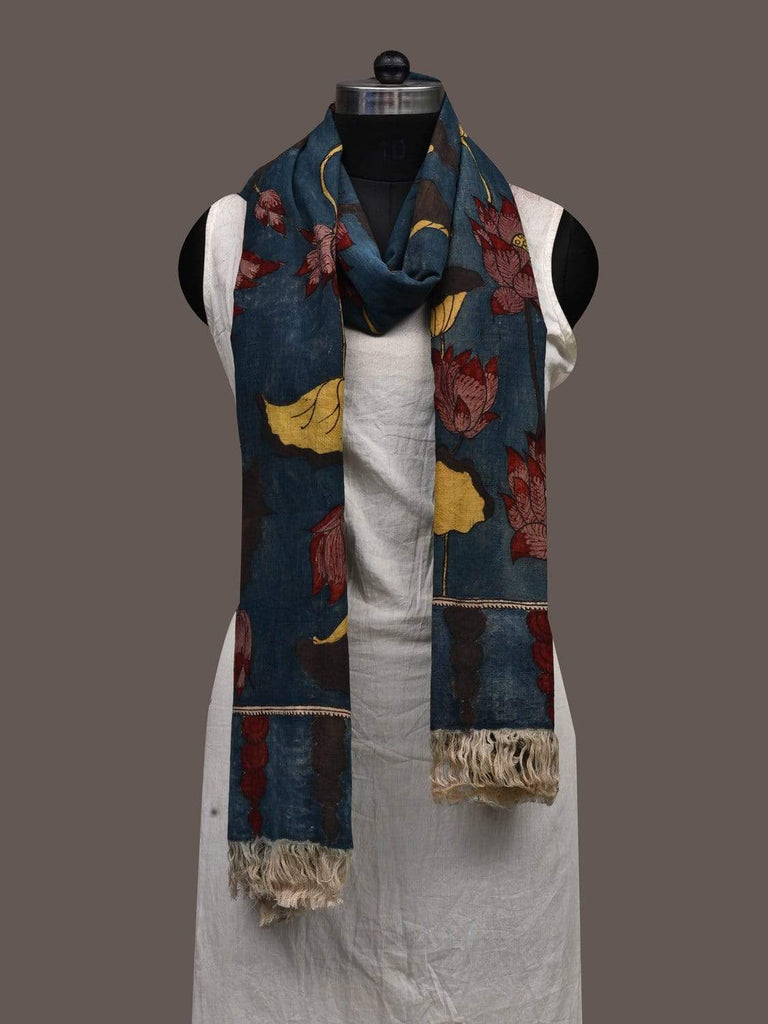 Blue Kalamkari Hand Painted Cotton Handloom Dupatta with Lotus Flowers Design ds2378