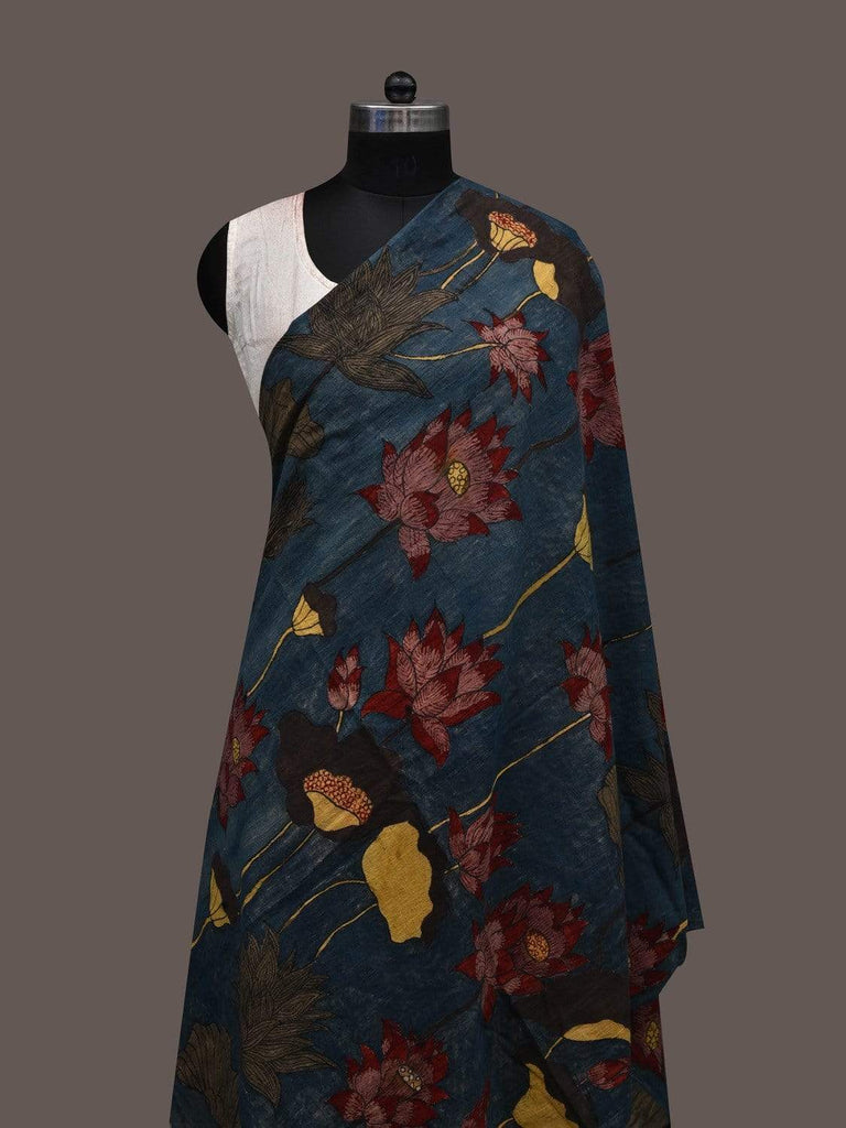 Blue Kalamkari Hand Painted Cotton Handloom Dupatta with Lotus Flowers Design ds2378