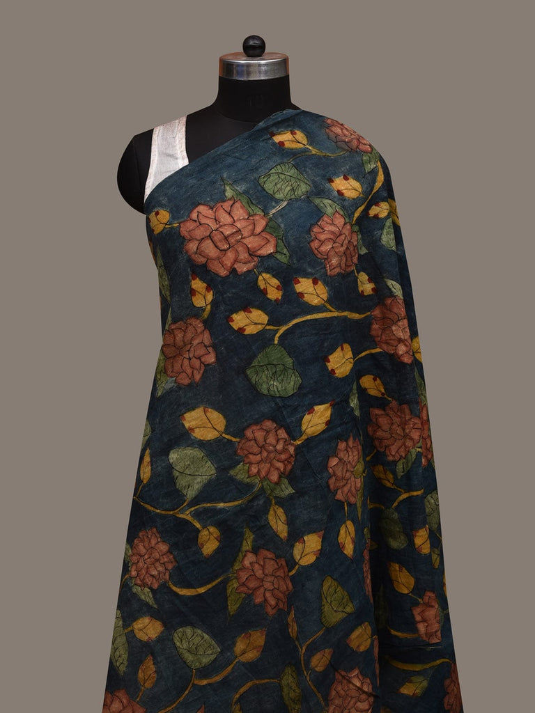 Blue Kalamkari Hand Painted Cotton Handloom Dupatta with Lotus Flowers Design ds3008