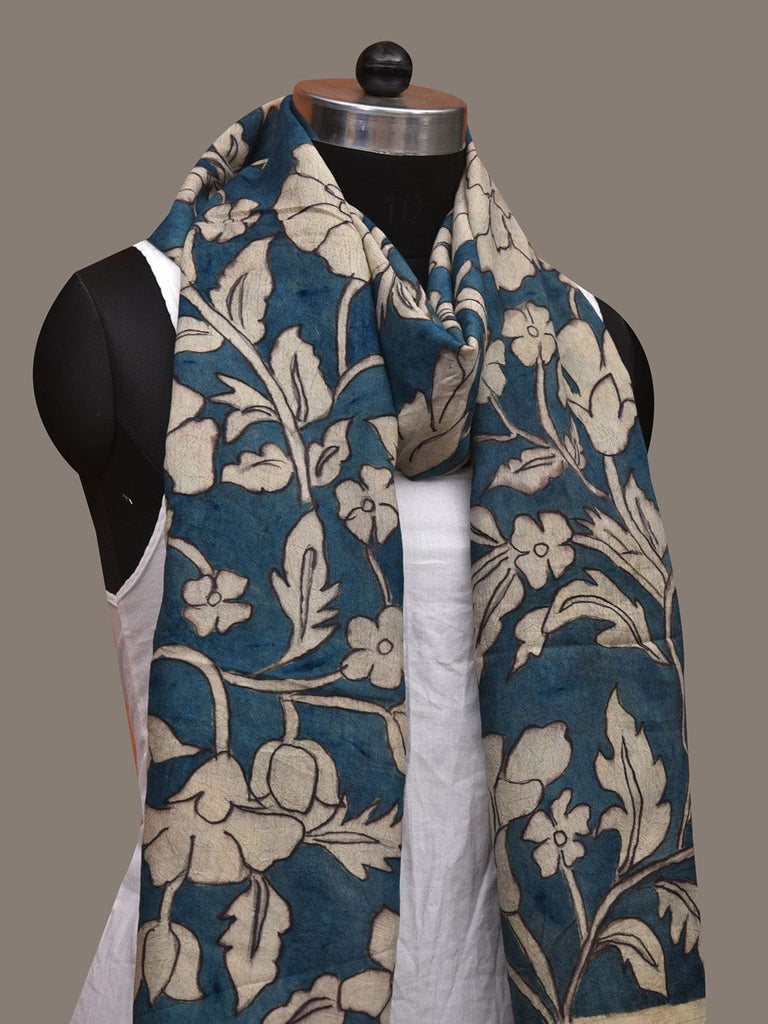Blue Kalamkari Hand Painted Cotton Handloom Stole with Floral Design ds3037