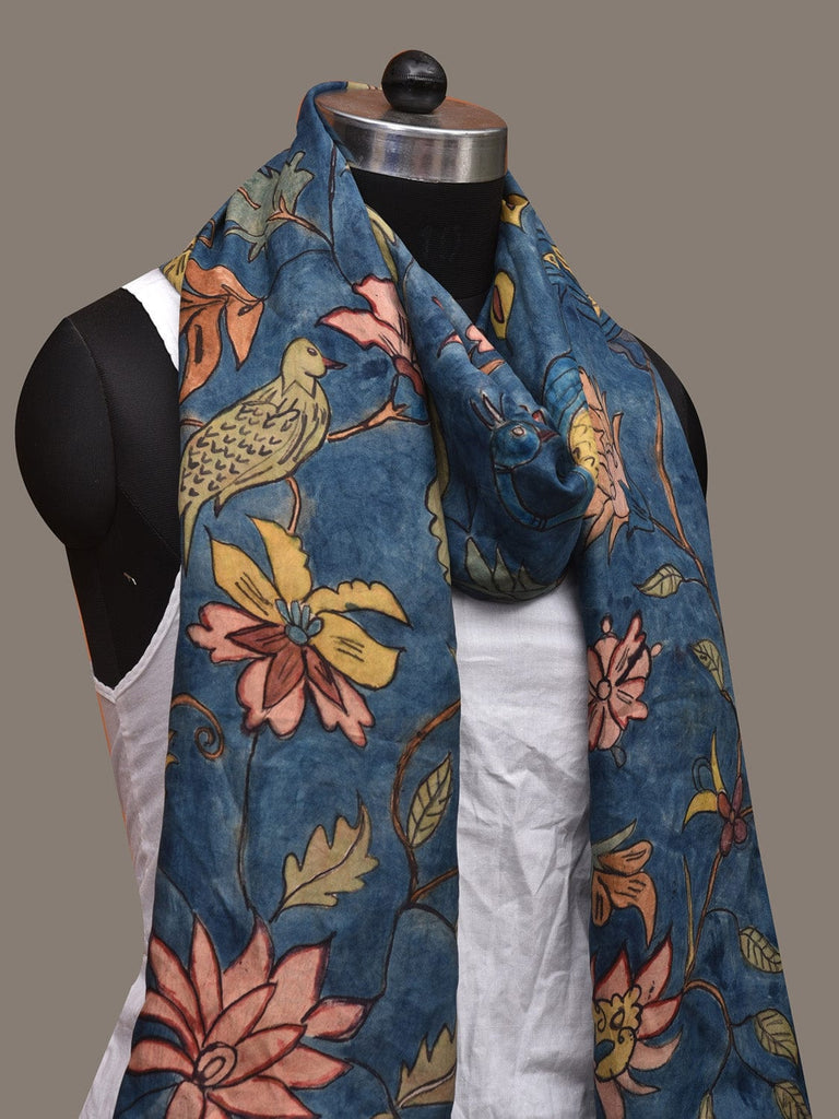 Blue Kalamkari Hand Painted Cotton Silk Handloom Stole with Flowers and Birds Design ds3026