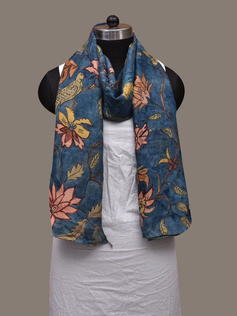 Blue Kalamkari Hand Painted Cotton Silk Handloom Stole with Flowers and Birds Design ds3026