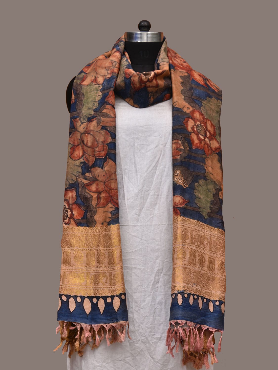 Blue Kalamkari Hand Painted Kanchipuram Silk Handloom Dupatta with Lot ...