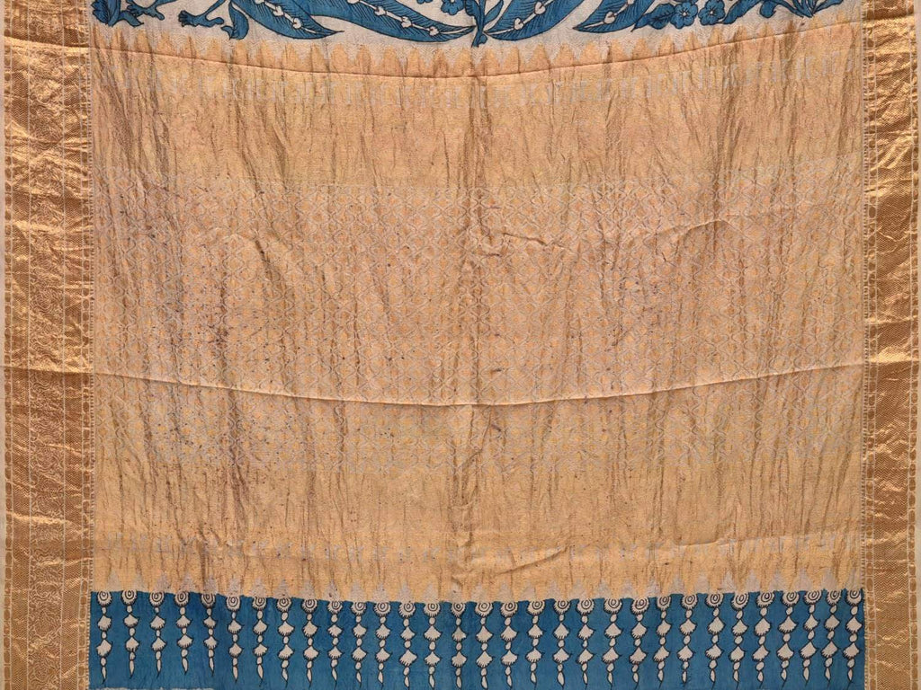 Blue Kalamkari Hand Painted Kanchipuram Silk Handloom Saree with Deers Design KL0256