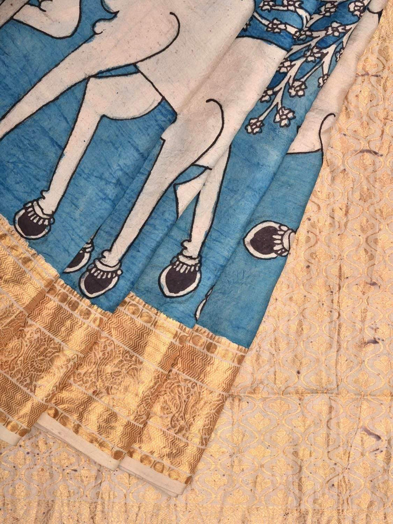 Blue Kalamkari Hand Painted Kanchipuram Silk Handloom Saree with Deers Design KL0256