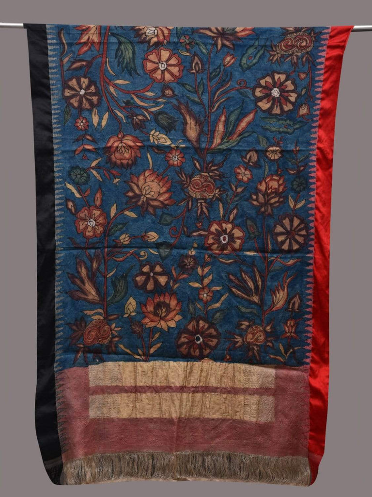 Blue Kalamkari Hand Painted Khadi Tussar Handloom Dupatta with Floral Design ds2472