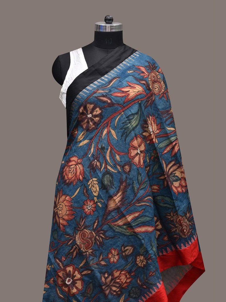 Blue Kalamkari Hand Painted Khadi Tussar Handloom Dupatta with Floral Design ds2472