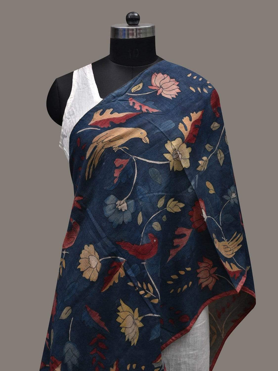 Blue Kalamkari Hand Painted Tussar Handloom Stole with Lotus and Birds ...