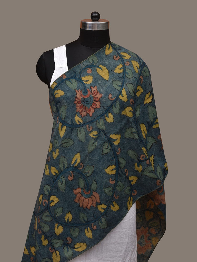 Blue Kalamkari Hand Painted Woolen Handloom Stole with Floral Design ds3042