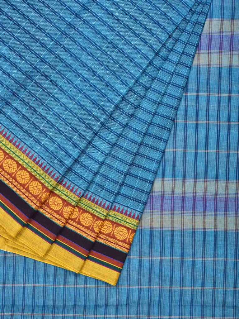 Blue Narayanpet Cotton Handloom Saree with Checks and Border Design No Blouse np0218