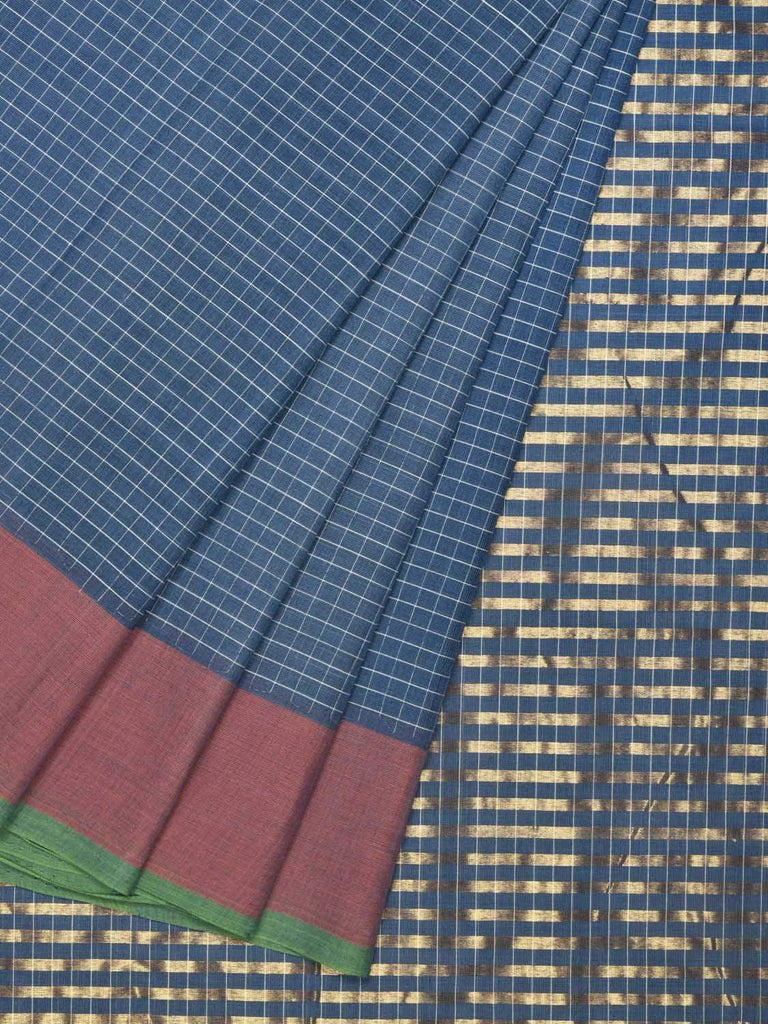 Blue Narayanpet Cotton Handloom Saree with Checks Body and Strips Pallu Design Np0236