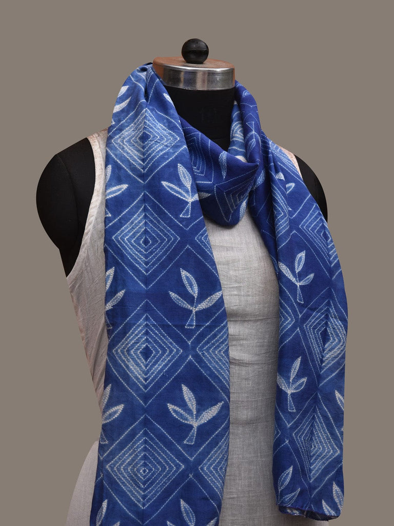 Blue Shibori Cotton Silk Handloom Stole with Floral and Geometric Design ds2942