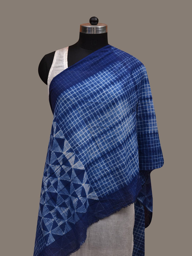 Blue Shibori Cotton Stole Handloom with Checks and Geometric Design ds2940