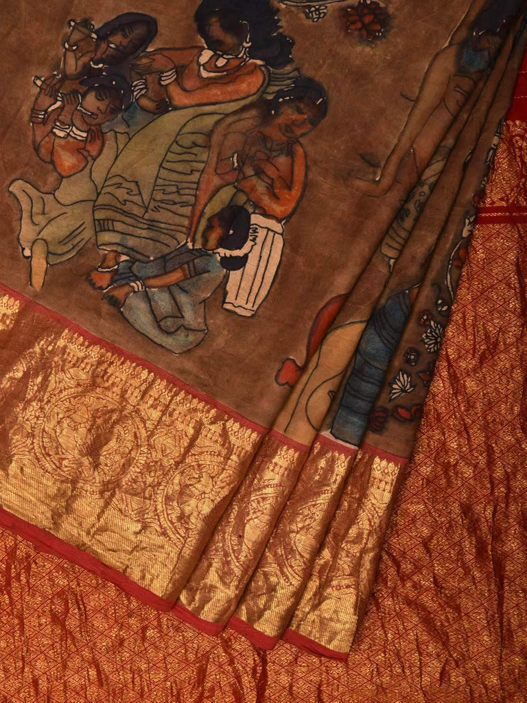 Brown and Red Kalamkari Hand Painted Kanchipuram Silk Handloom Saree with Ajanta Cave Painting Design KL0515