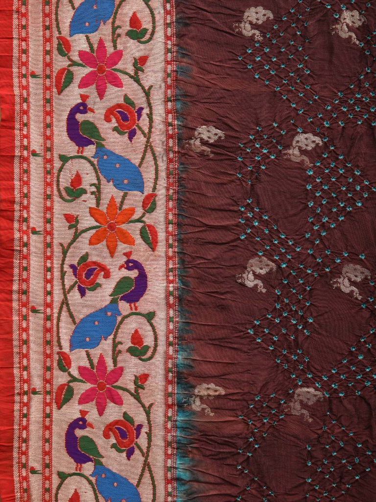 Brown Bandhani Paithani Silk Handloom Saree with Peacocks Border and Pallu Design bn0376