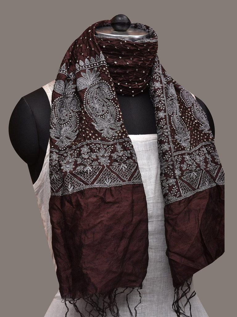 Brown Bandhani Silk Stole with Embroidary Work Design ds2859