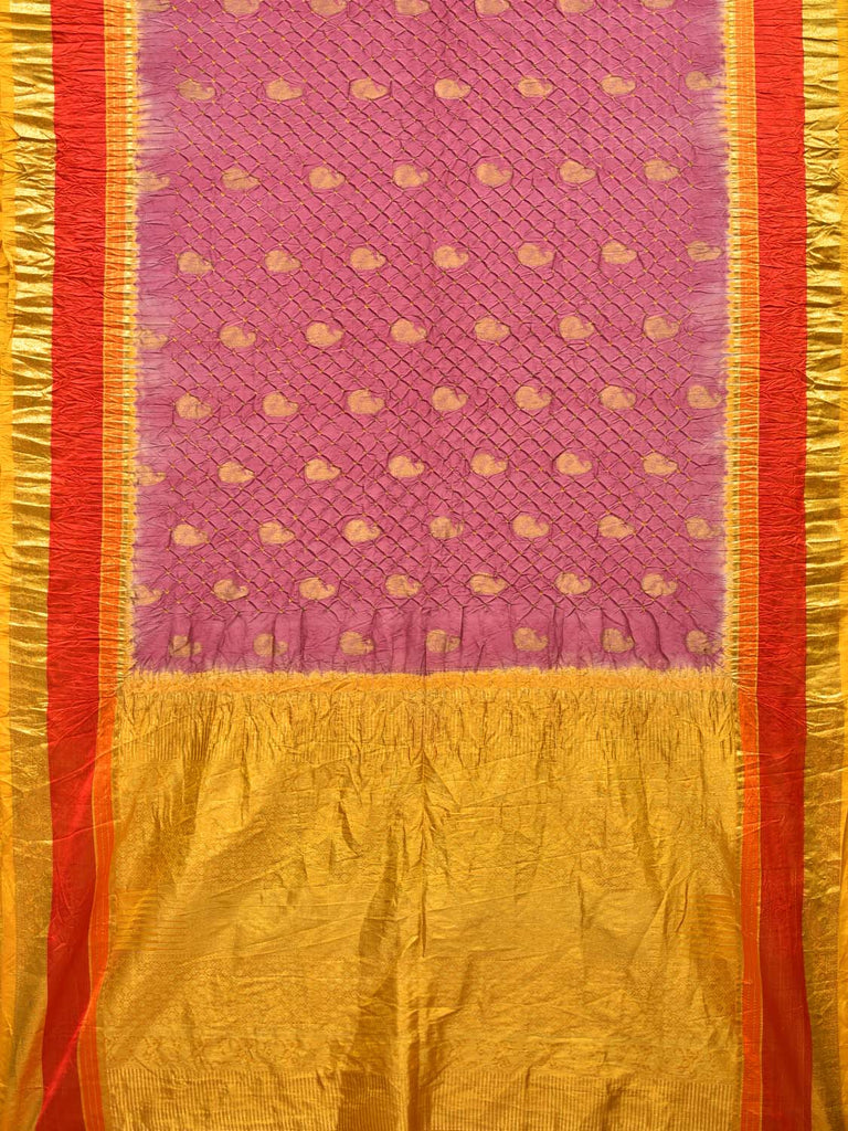 Burgundy and Yellow Bandhani Kanchipuram Silk Handloom Saree with Mango Buta Design bn0278