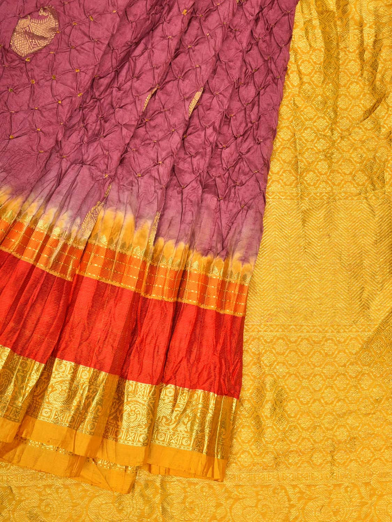 Burgundy and Yellow Bandhani Kanchipuram Silk Handloom Saree with Mango Buta Design bn0278