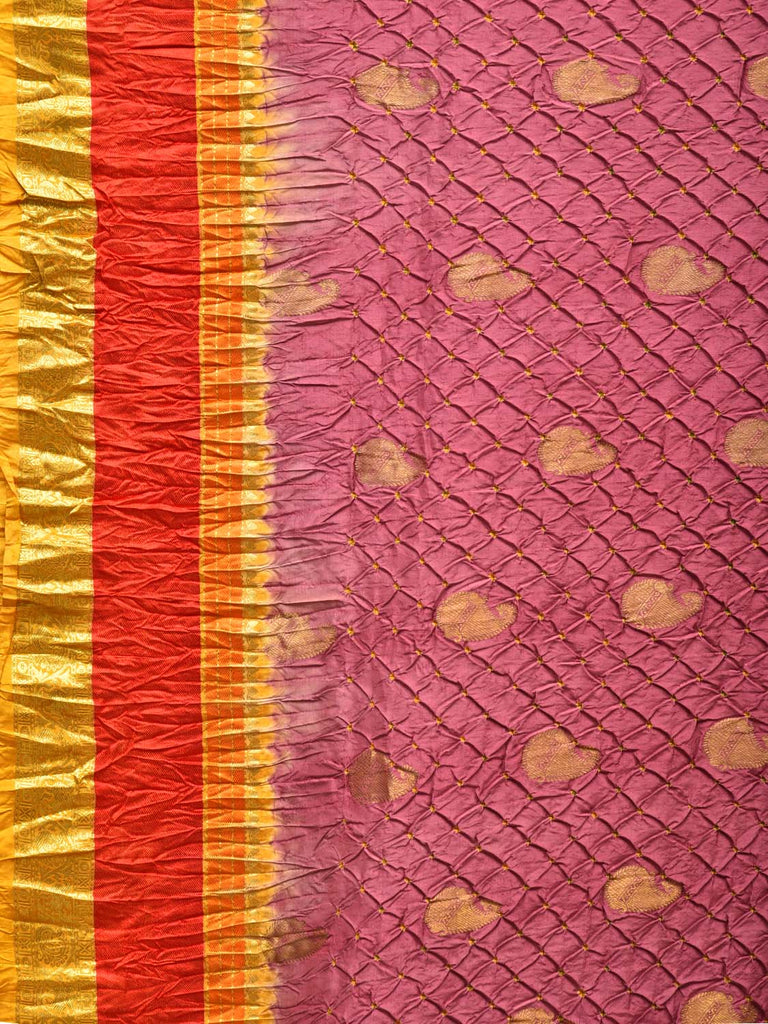 Burgundy and Yellow Bandhani Kanchipuram Silk Handloom Saree with Mango Buta Design bn0278