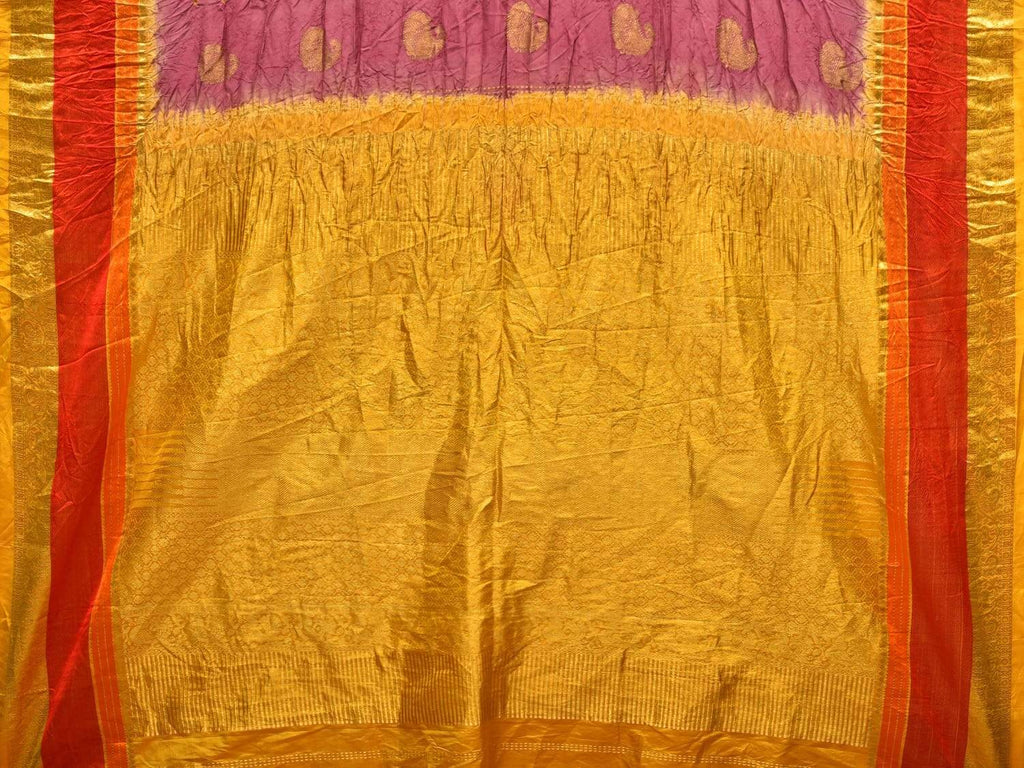 Burgundy and Yellow Bandhani Kanchipuram Silk Handloom Saree with Mango Buta Design bn0278