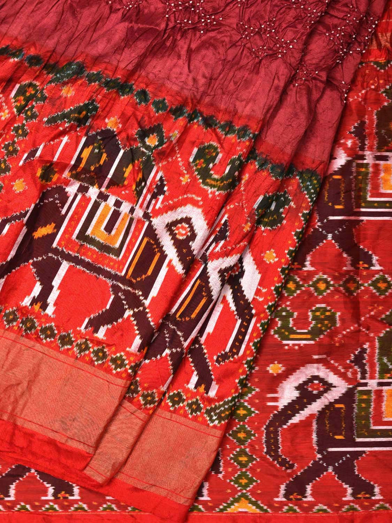 Burgundy Bandhani Ikat Silk Handloom Saree with Elephant Border Design bn0260